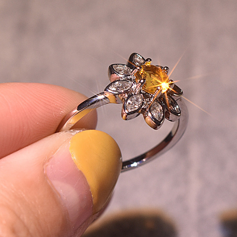 Velora Ring diamond studded sunflower ring featuring a yellow center stone and sparkling petals