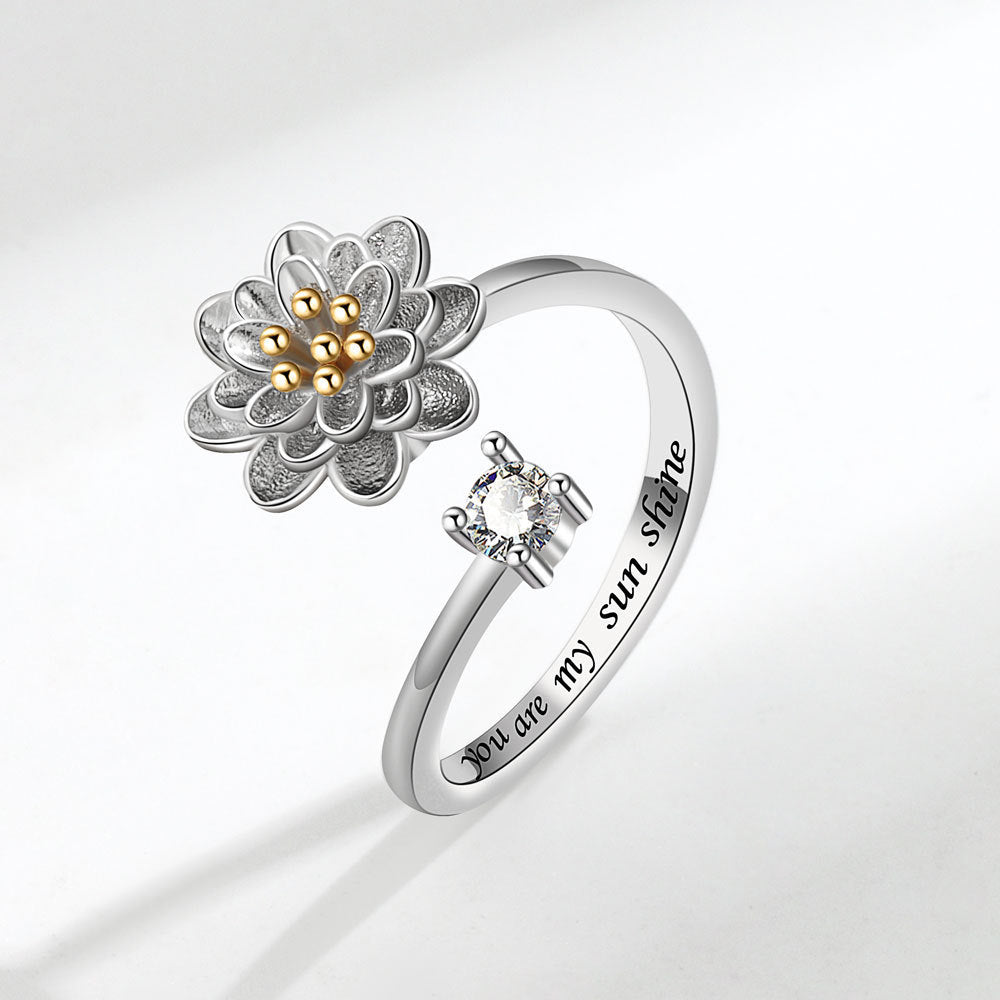 Velora Ring silver flower design with gold accents and engraved message gift for her silver jewelry