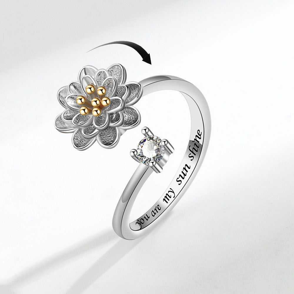 Velora Ring silver flower design with gemstone and engraved message gift for her silver jewelry